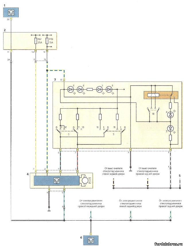 Схема включения стеклоподъемников Форд Фокус 1 с электроприводом только на передних дверях